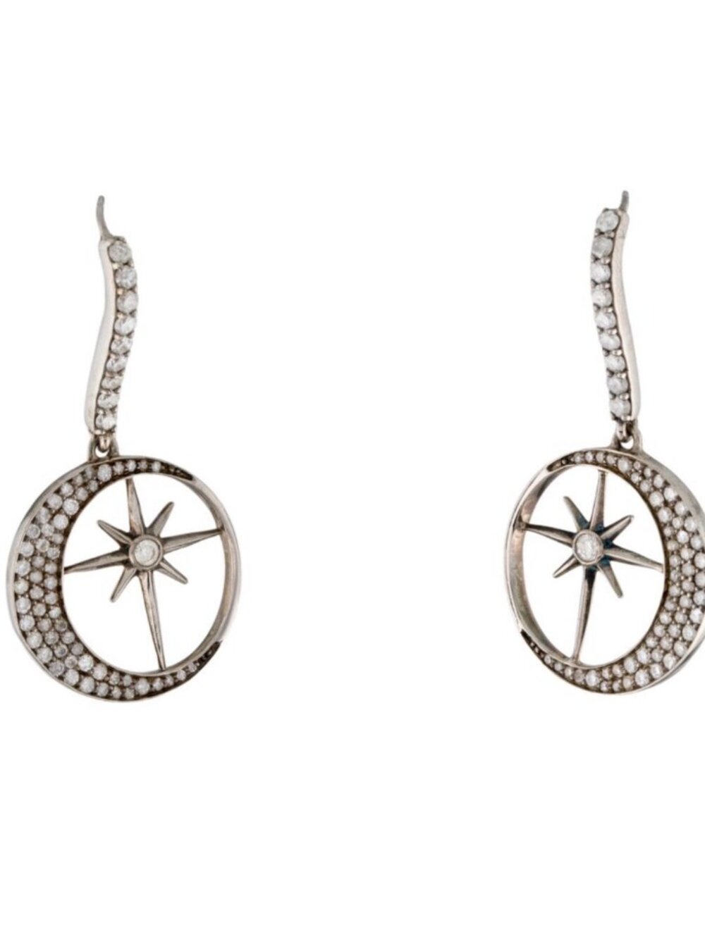 SHERYL LOWE 1.30CTW DIAMOND STERLING SILVER NORTH STAR CRESCENT DROP EARRINGS